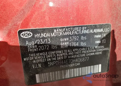 2013 Hyundai Elantra Gls from USA, damaged, VIN 5NPDH4AE7DH406877